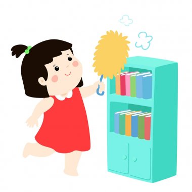 Sevimli kız bookshelf vektör toz silme.