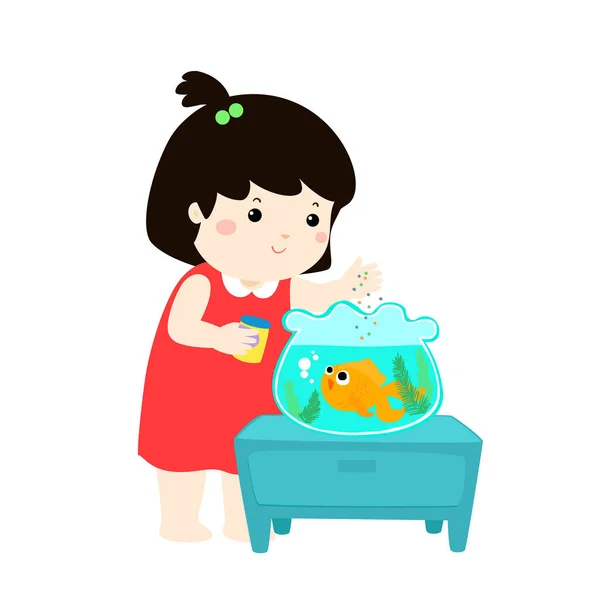 Illustration of cute little girl feeding fish in aquarium cartoo — Stock Vector