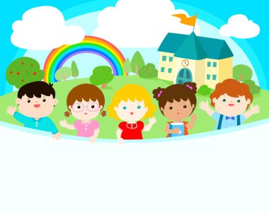 Şirin çok ırklı çocuklar okul arka plan vektörünü neşeli.