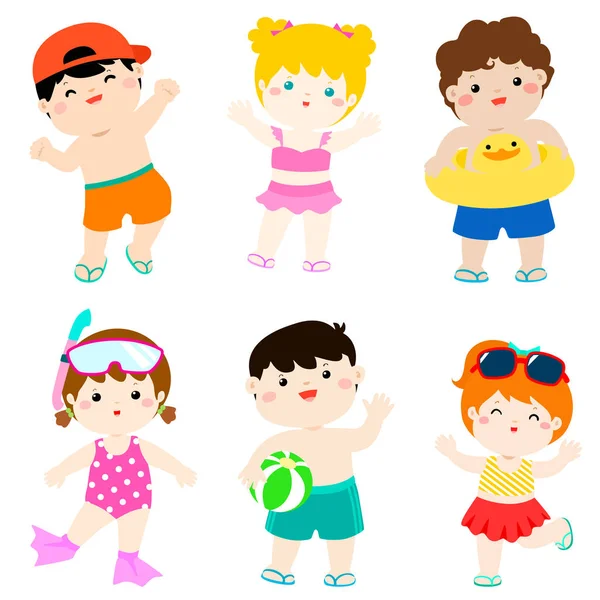 Summer multicultural cute kids in swimsuit vector — Stock Vector