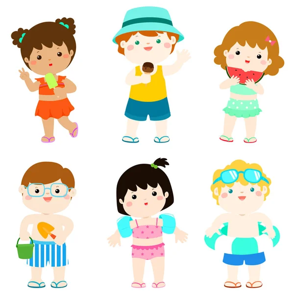 Summer multicultural cute kids in swimsuit vector — Stock Vector