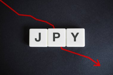 Japonya 'nın para birimi kodu (JPY) ve siyah arkaplanda alçalan kırmızı ok.