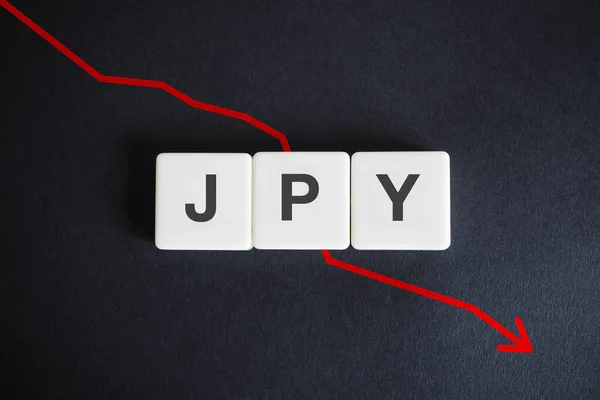 Código Moneda Japón Jpy Flecha Roja Descendente Sobre Fondo Negro — Foto de Stock
