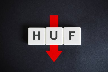 Hungarian forint alphabetic currency ISO code (HUF) and down red arrow on black background. Economy of Hungary. clipart