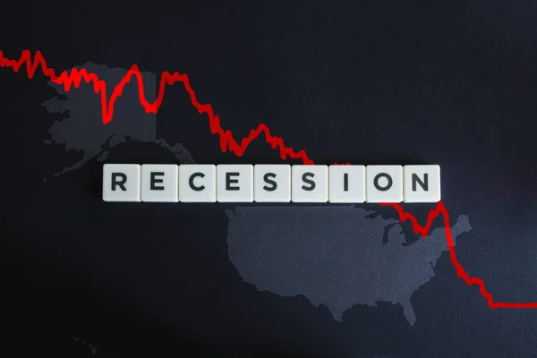 Recession and economic crisis in USA. United States of America map and financial chart on black background.