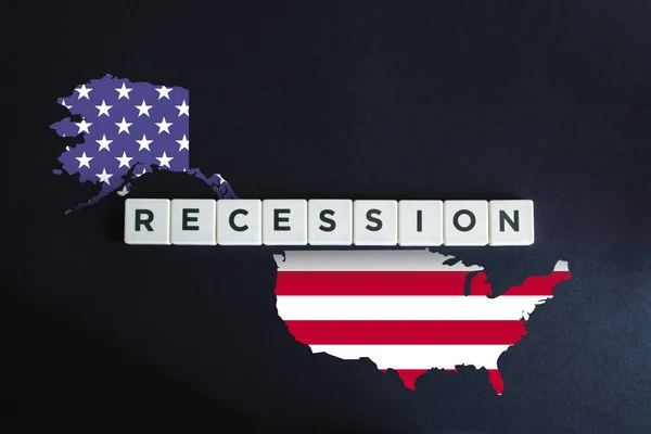 2020 USA Recession and economic crisis due to coronavirus or covid-19. Flag and map of the United States on black background.