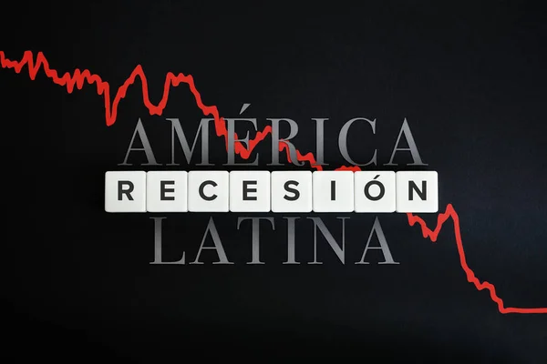 America Latina la recesion economica (Latin America economic recession) caused by coronavirus crisis and covid-19 outbreak. Spanish text and block letters on black background.