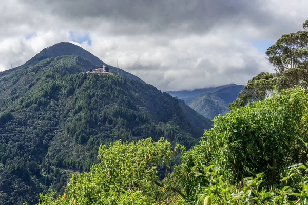 Monserrate Con Una Gran Estatua Jesucristo Distancia Bogotá Colombia — Foto de Stock