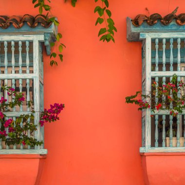 Kartagena 'nın eski şehri Kolombiya' da ahşap işlemeli ve renkli duvarlı İspanyol sömürge tarzı pencereler..