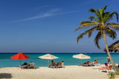 Aruba Adası 'ndaki Arashi plajı. Turistler şemsiyelerin altında dinleniyor ya da turkuaz sularda banyo yapıyor..