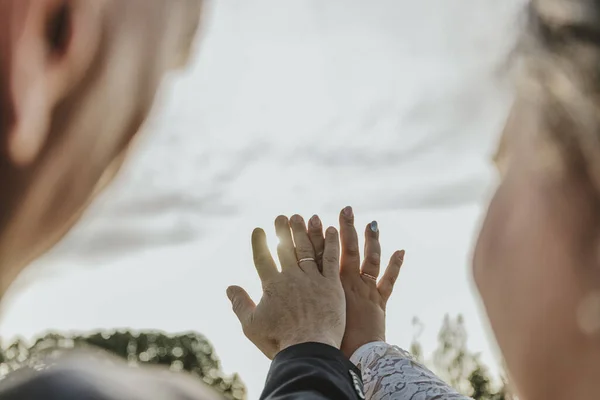 Braut Und Bräutigam Halten Der Sonne Die Hand Und Betrachten — Stockfoto