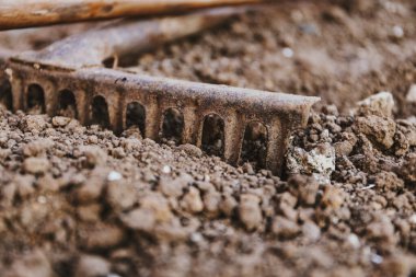 Yaşlı paslı tırmık yerde yatıyor.