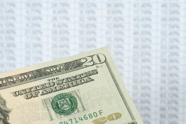 Hesap tablosunun önünde üzerinde rakamlar ve yüzdeler olan bir dolar.
