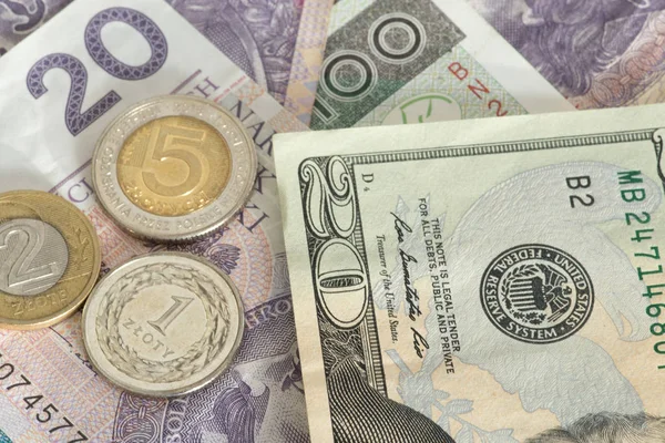Close Dinheiro Polonês Notas Moedas Para Fundo Para Moeda Dólar — Fotografia de Stock