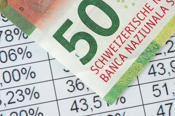 Ein Schweizer Franken Schein Vor Einer Tabelle Mit Zahlen Und — Stockfoto