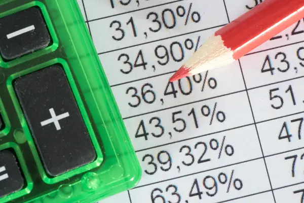 Spreadsheet Numbers Percentages Red Pencil Symbolizing Savings Calculator — Stock Photo, Image