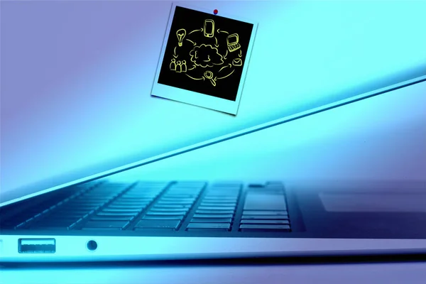 Laptop Computer Blue Background Note Sketches — Stock Photo, Image
