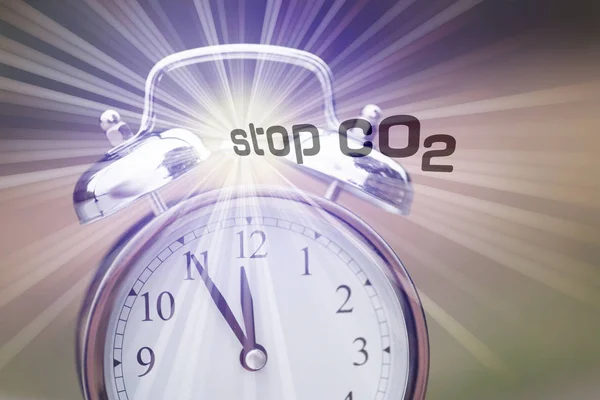 目覚まし時計とスローガンストップCo2二酸化炭素 — ストック写真