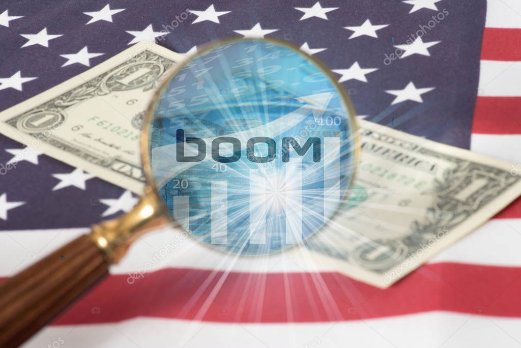 Flag of USA, dollar bill and a magnifying glass with the word boom