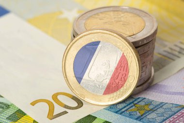 Euro banknotları, madeni paralar ve Fransa bayrağı