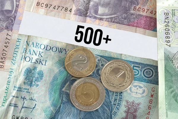 Banknotes Coins Polish Zloty Pln Child Benefit Poland 500 — Stock Photo, Image