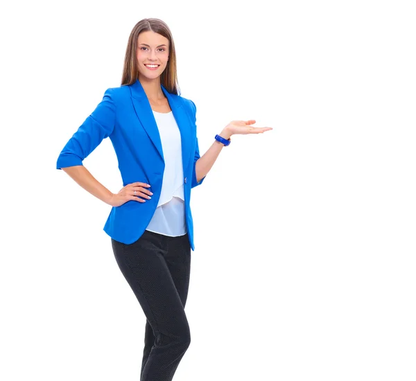 Portrait of young business woman pointing. — Stock Photo, Image