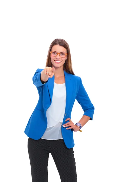 Portrait of a beautiful young woman pointing at you, isolated on white background — Stock Photo, Image