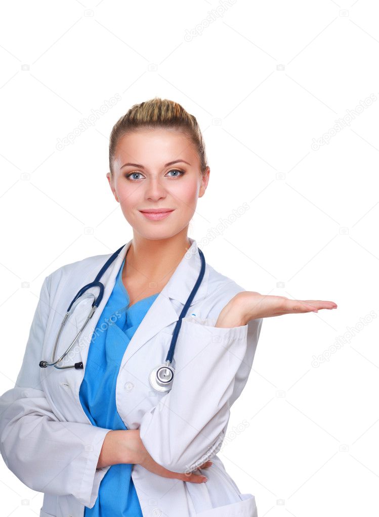 Portrait of a female doctor pointing, close-up, isolated on white background