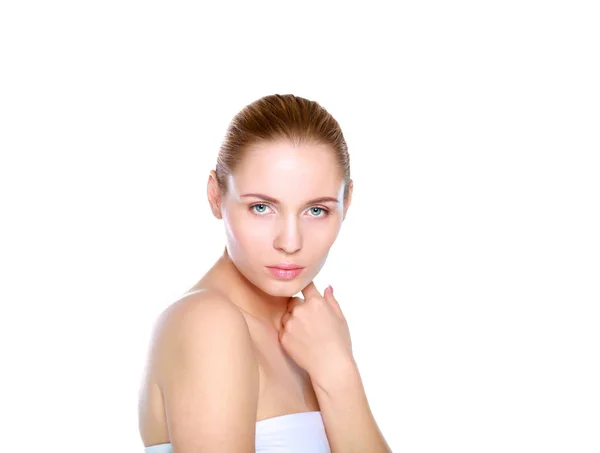 Portrait of beautiful woman isolated on gray background — Stock Photo, Image