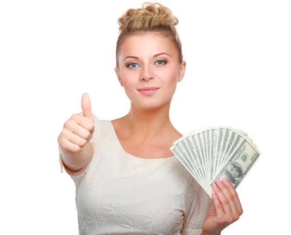 Молодая женщина с долларовыми купюрами в руке. Изолированный на белом фоне Стоковая Картинка