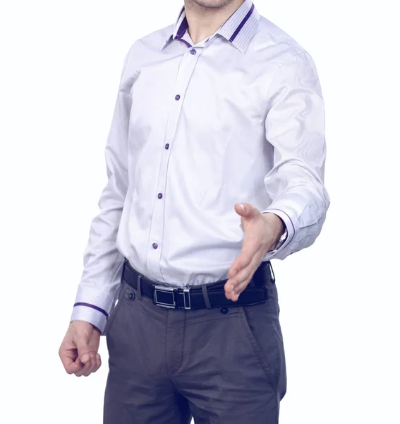 Young business man with an open hand ready — Stock Photo, Image