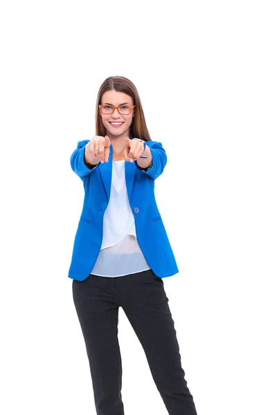 Portrait of a beautiful young woman pointing at you, isolated on white background — Stock Photo, Image