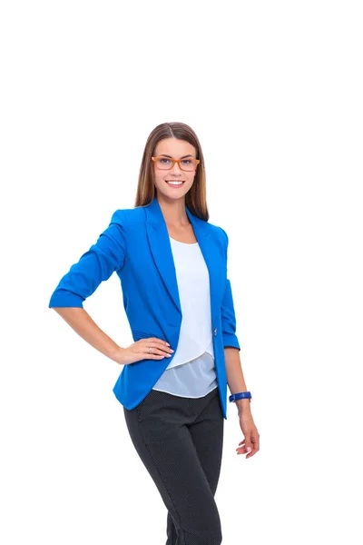 Portrait of a confident young woman standing isolated on white background — Stock Photo, Image