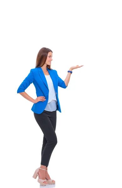 Portrait of young business woman pointing something — Stock Photo, Image