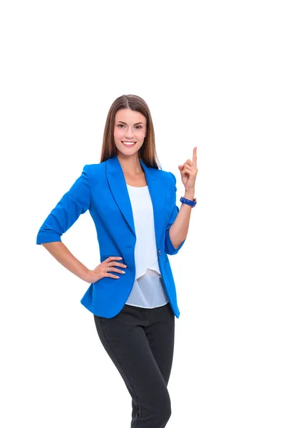 Portrait of young business woman pointing something — Stock Photo, Image