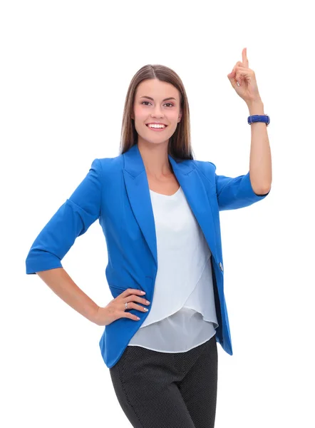 Retrato de una joven mujer de negocios apuntando sobre un fondo blanco — Foto de Stock