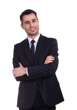 Beyaz arka planda izole edilmiş genç bir adamın portresi