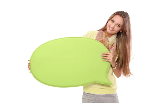 Retrato de uma jovem mulher casual segurando cartão em branco - sobre fundo branco . — Fotografia de Stock