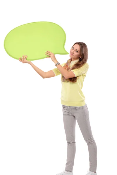 Retrato de uma jovem mulher casual segurando cartão em branco - sobre fundo branco . — Fotografia de Stock