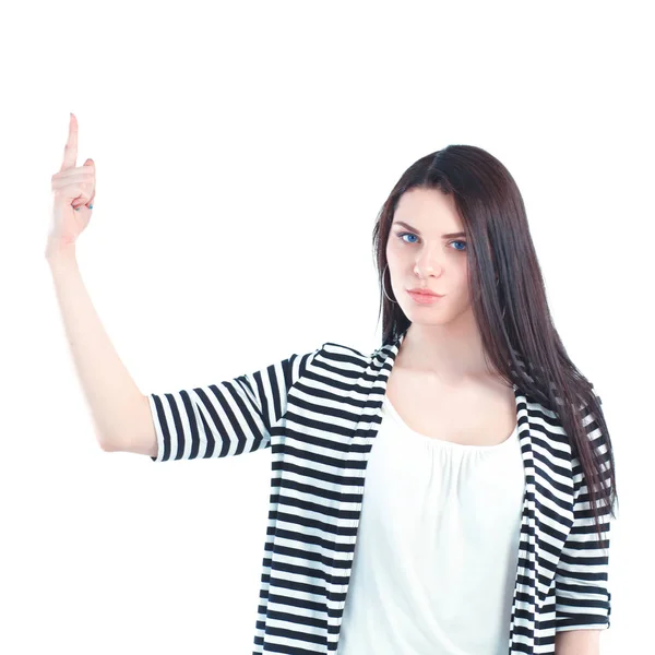 Beautiful young woman standing isolated against white background — Stock Photo, Image