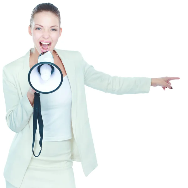 Giovane donna d'affari con megafono isolato su sfondo bianco — Foto Stock