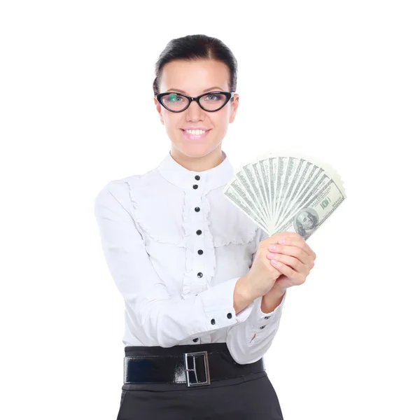 Une jeune femme avec des dollars dans les mains, isolée sur fond blanc — Photo