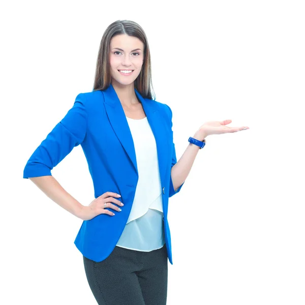 Portret młodej bizneswoman wskazującej na coś — Zdjęcie stockowe