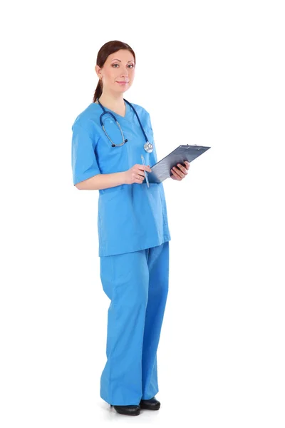 Młody lekarz kobieta z stetoskop stojący na białym tle — Zdjęcie stockowe