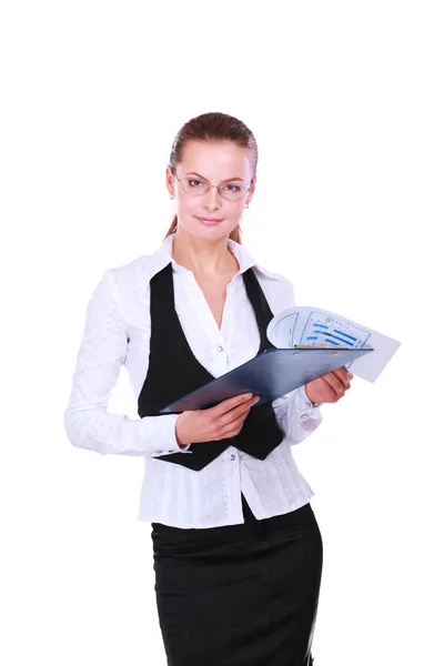 Young woman standing in office with folder,isolated on white background — Stock Photo, Image