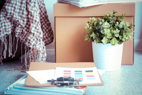 Designer table with blank note and tools — Stock Photo, Image