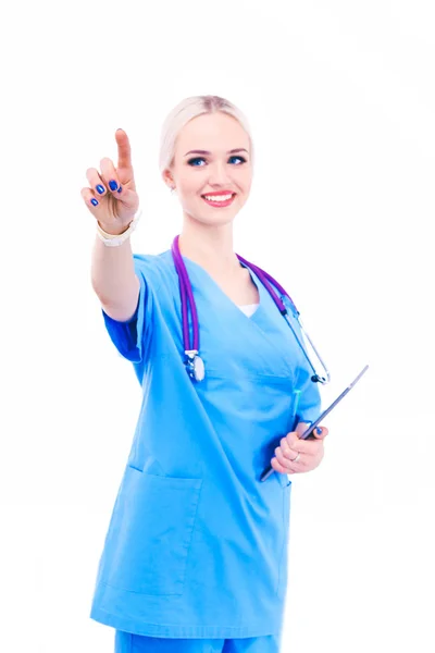 Médico femenino usando una tableta digital y de pie sobre fondo blanco. Mujeres doctores. — Foto de Stock