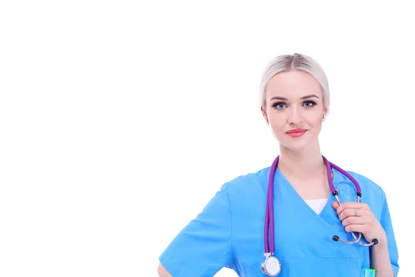 Retrato de doctora de pie contra aislada sobre fondo blanco. Mujer doctora. —  Fotos de Stock