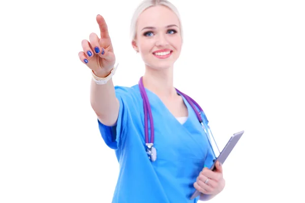 Female doctor using a digital tablet and standing on white background. Woman doctors. — Stock Photo, Image