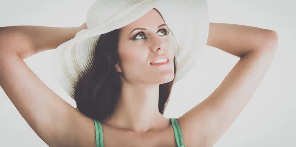 Schöne Frau im Bikini auf weißem Hintergrund — Stockfoto